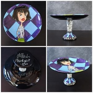 Signed Hand Painted Colorful Graphic Cake Plate Stand